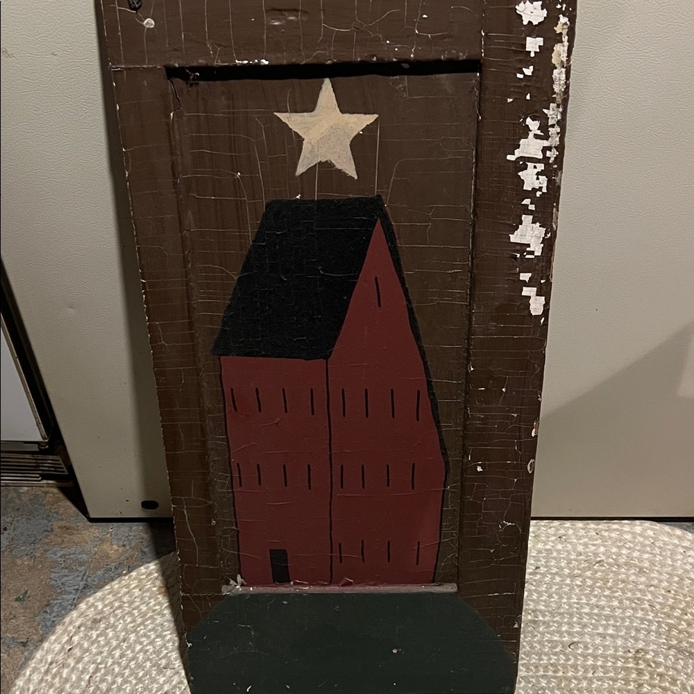 Primitive wood art piece painted on wood panel / 17x35 / old barn picture